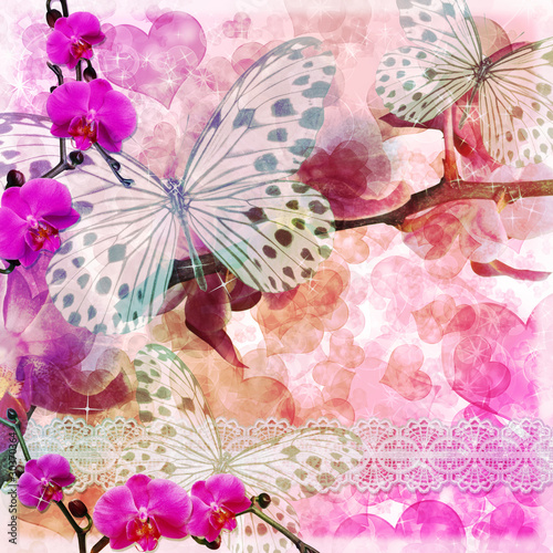 Plakat Motyle i storczyki kwiaty różowe tło (1 zestaw)