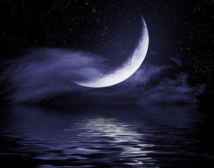 half of moon in the star sky reflected in water