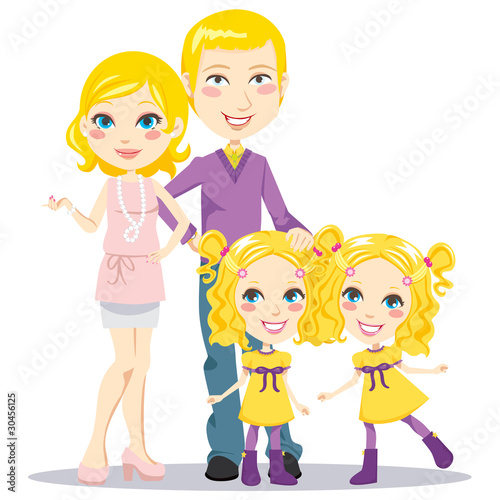 Blonde posh parents with twin daughters happily smiling