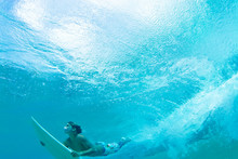 Surfer Water Shot Diving Under Wave White Surfboard Text