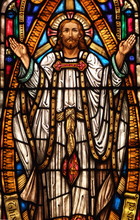 Stained Glass Window Of Jesus Holding His Hands Up