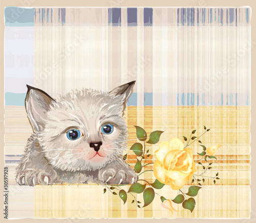Naklejka na drzwi fluffy kitten with rose