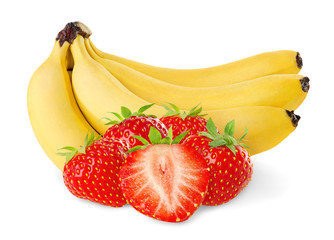 Wall Mural - Isolated fruits. Bunch of bananas and pile of strawberries isolated on white background