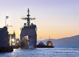 Fototapeta  - A U.S. Navy Cruiser at Port in San Francisco