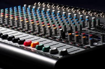 Wall Mural - Closeup of an audio sound mixer