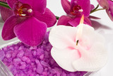 Fototapeta Kwiaty - Aroma candle, bath salt and orchid for aromatherapy