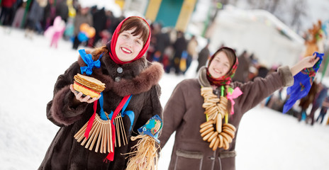 happy girls plays during Shrovetide