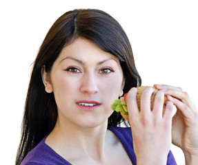 woman eating sandwich, isolated on white background