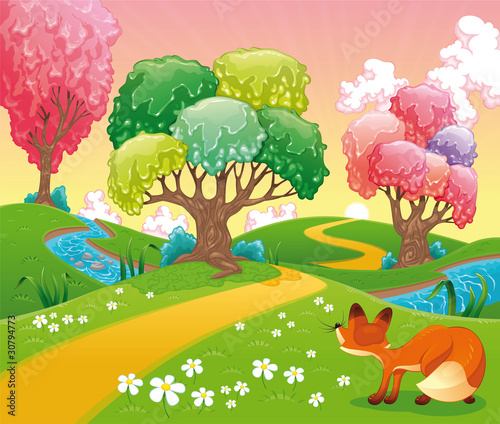 Foto-Fahne - Fox in the wood. Cartoon and vector scene. Isolated objects (von ddraw)
