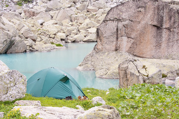 Canvas Print - Green tent in the mountains