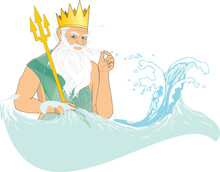 Neptune (Poseidon) In Crown With Trident At Sea
