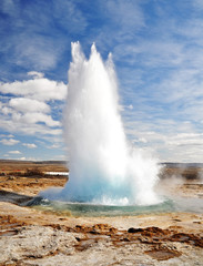 Famous Geyser eruption in a sunny day, Iceland