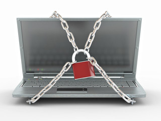 Poster - Laptop with chains and lock on white isolated background
