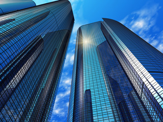 Fototapete - Modern blue reflective office buildings
