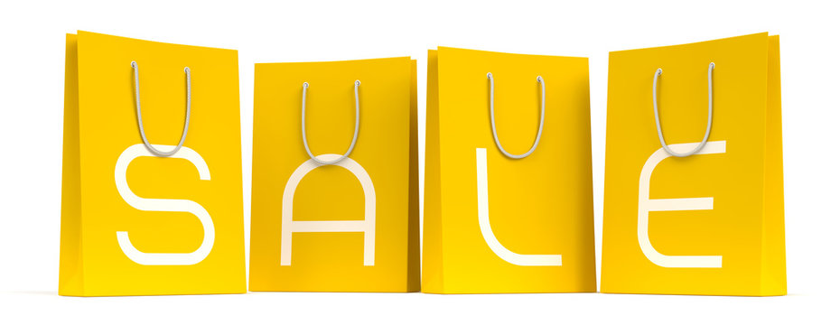 Sale Season Is Open! Four shopping bags with the letters SALE