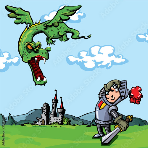 Foto-Flächenvorhang - Cartoon knight attacked by a dragon (von antonbrand)
