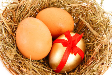 Wall Mural - Brown,white and golden hen's egg in the grassy nest