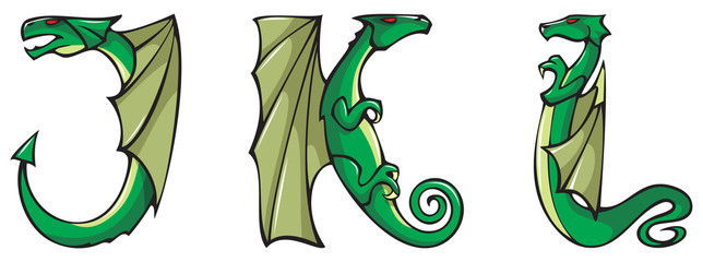 Series of dragons alphabet, J,K,L , fantasy font, vector