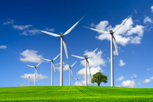 Wind Turbines Farm On Green Field
