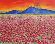 Field of red tulips. Original oil painting.