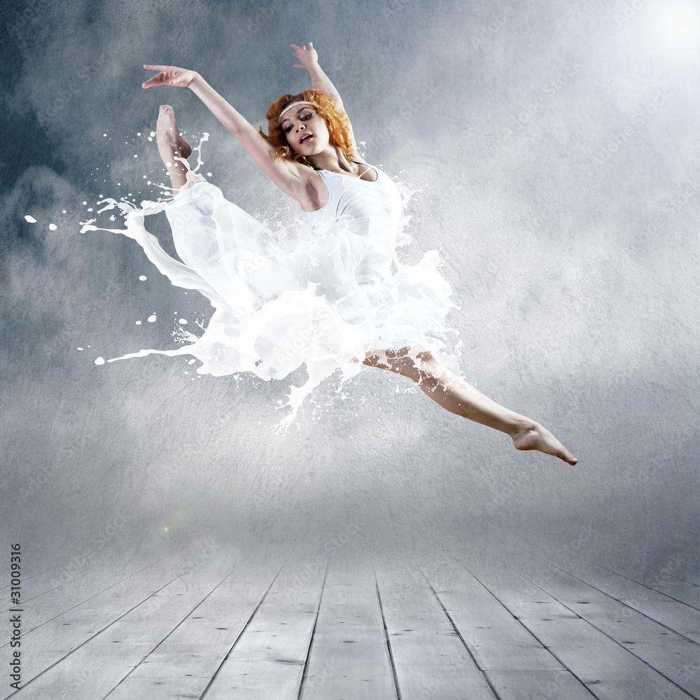 Jump of ballerina with dress of milk - obrazy, fototapety, plakaty 