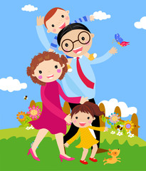 Vector cartoon of happy family walking outdoors with dog.