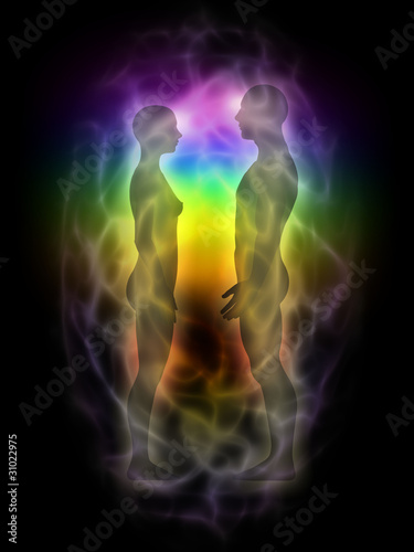 Fotografía Woman and man silhouette with aura, chakras, energy - profile