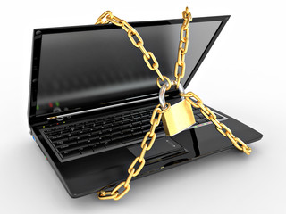 Poster - Laptop with chains and lock on white isolated background