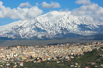 View Of Town Under Volcano Etna