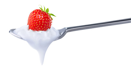 Poster - Isolated yogurt. Spoon of natural yogurt with fresh strawberry on top isolated on white background