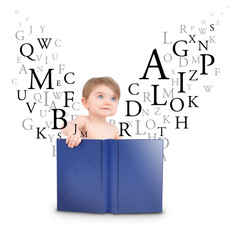 Wall Mural - baby reading book with letters on white