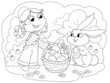 Bambina e coniglio di Pasqua con uova, illustrazione da colorare