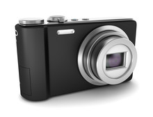 Black Point And Shoot Photo Camera Isolated On White Background
