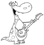 Fototapeta Dinusie - Outlined Mascot Cartoon Character Guitarist Dino