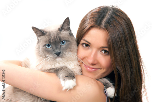 woman hold her lovely Ragdoll cat with blue eye Poster