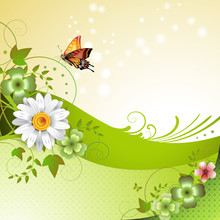 Springtime Background With Flowers And Butterflies