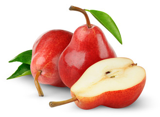 Aufkleber - Isolated pears. Two whole red pear fruits and a half isolated on white background