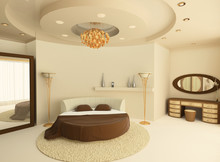 Round Bed With A Suspended Ceiling In A Luxurious Bedroom