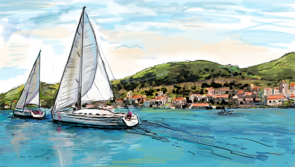 Wall Mural - Sailing yachts and boat illustration