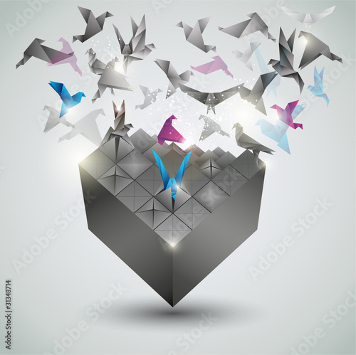 Naklejka dekoracyjna Metamorphosis.Cube is transforming into a flock of birds.