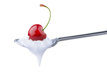Poster - Isolated yogurt. Spoon of natural yogurt with cherry on top isolated on white background