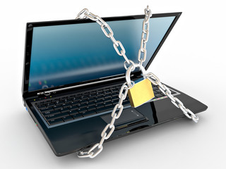 Poster - Laptop with chains and lock on white isolated background
