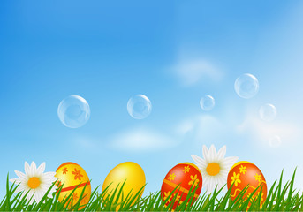Fototapete - Easter eggs and chickens on green grass. Vector