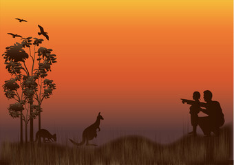 Poster - father and son and kangaroo sunset