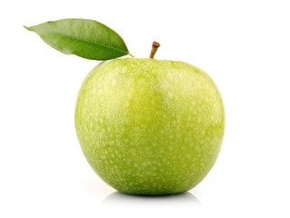 Wall Mural - Ripe green apple fruit with leaf isolated