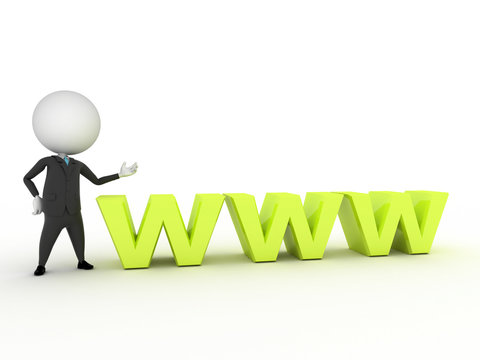 a 3d rendered small guy with www text