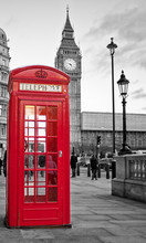 Red Phone Booth In London With The Big Ben In Black And White