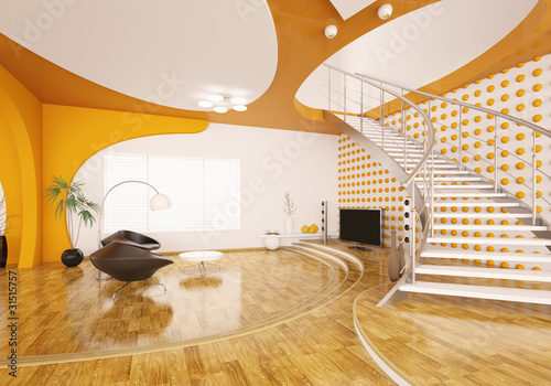 Obraz w ramie Wohnzimmer mit Treppe Interior 3d render