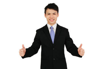 an asian executive giving two thumbs up