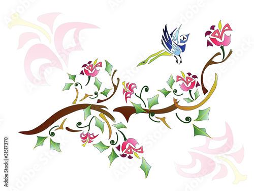Naklejka - mata magnetyczna na lodówkę Abstract picture: Branch of tree with a bird on it